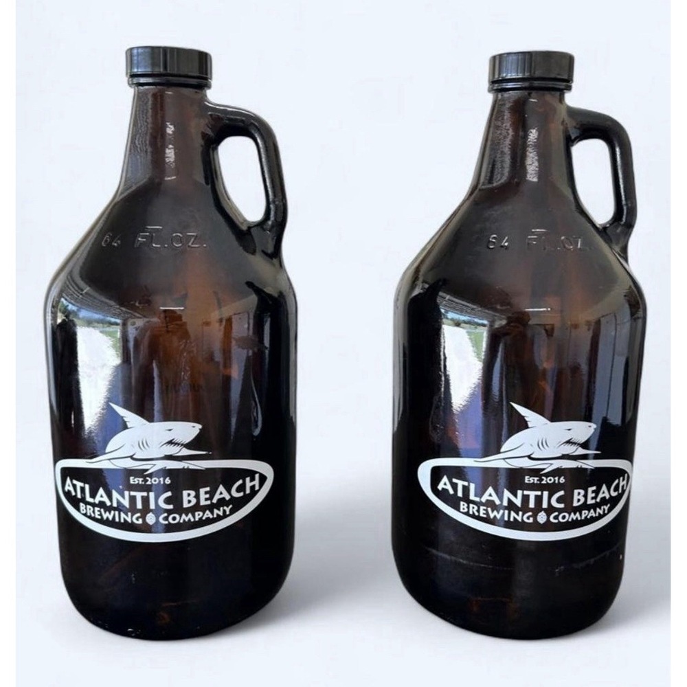 Atlantic Beach Brewing Company 64 fl oz Amber Glass Beer Growler Bottle Lot of 2